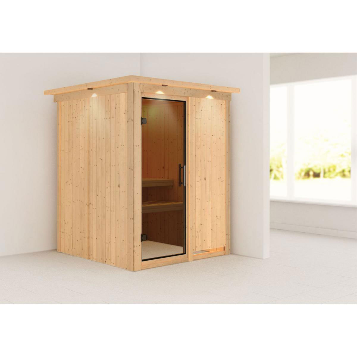 Karibu Sauna Minja Fronteinstieg ohne Ofen mit Kranz graphitfarbene Glastür Bild 6