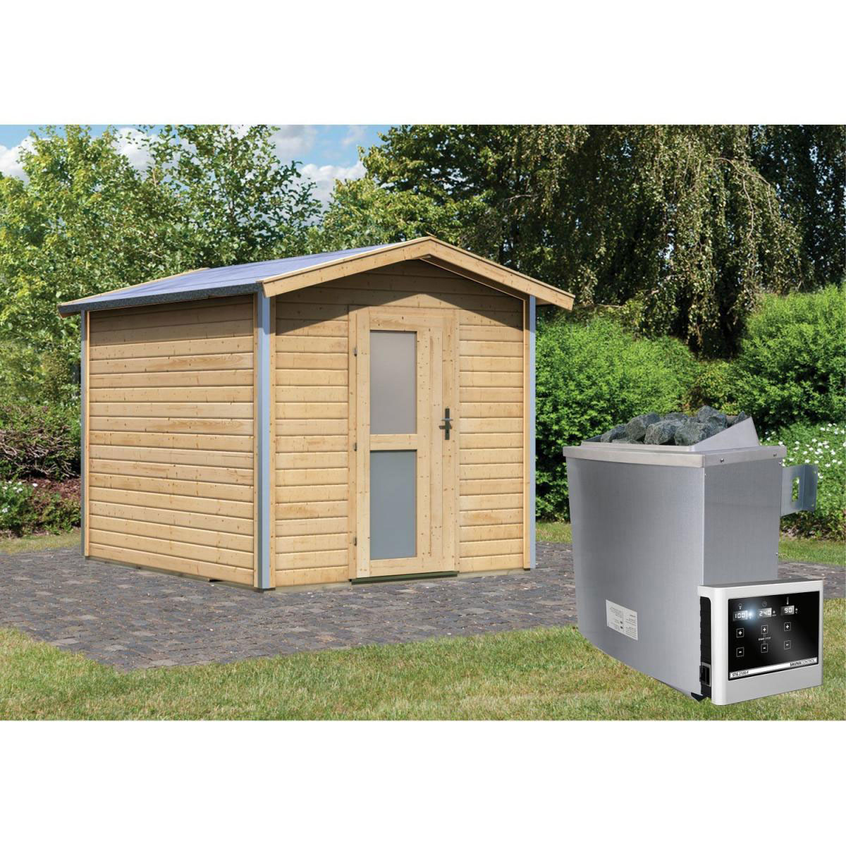 Karibu Saunahaus Bosse 1 38 mm 9 kW Ofen externe Strg Milchglastür Bild 6