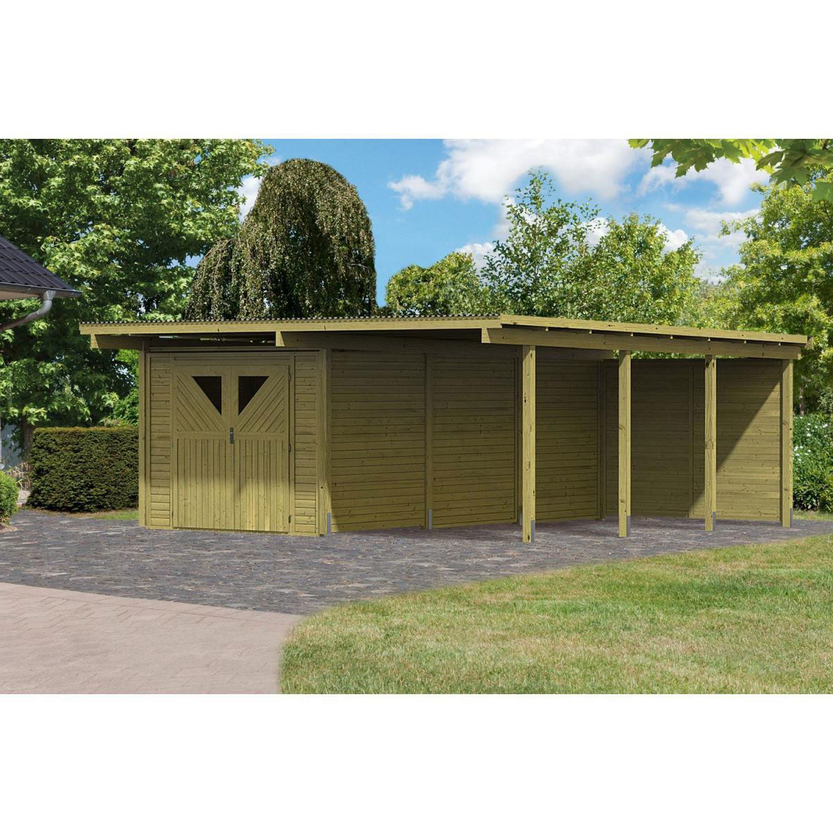 Karibu Doppelcarport Eco 2 Variante B inkl Abstellraum mit 2 Seitenwänden und Rückwand