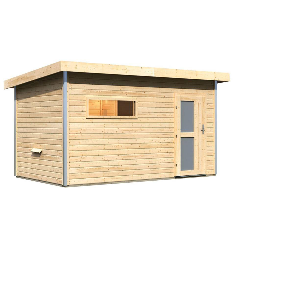 Karibu Saunahaus Skrollan 38 mm ohne Ofen Milchglastür