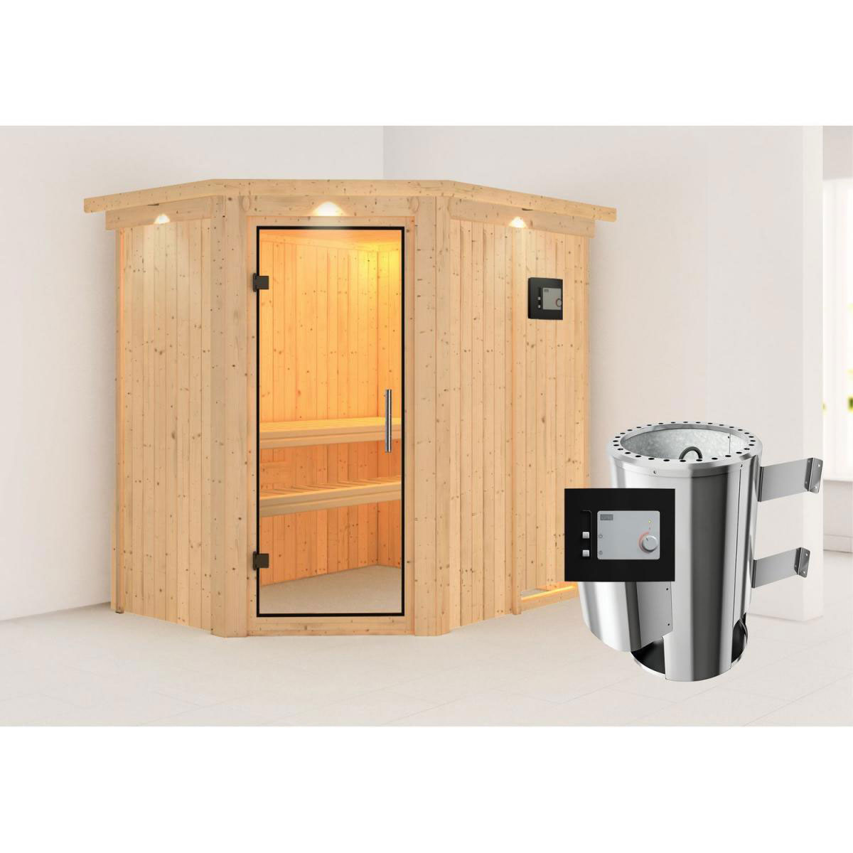 Karibu Sauna Saja Eckeinstieg 3,6 kW Ofen externe Strg modern mit Kranz Klarglas-Tür Bild 7