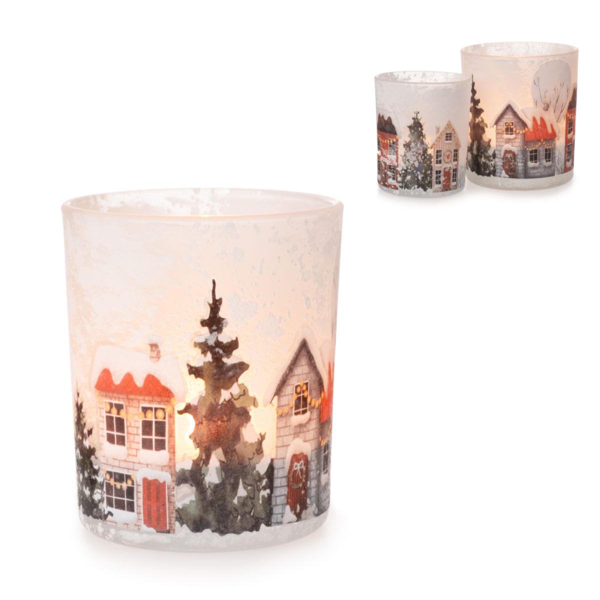 Glaswindlicht verschneite Häuser 8,2cm weiss bunt