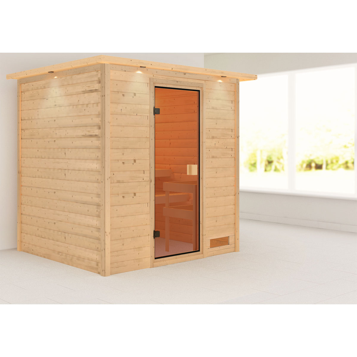 Karibu Sauna Adelina mit Kranz naturbelassen ohne Ofen Bild 1