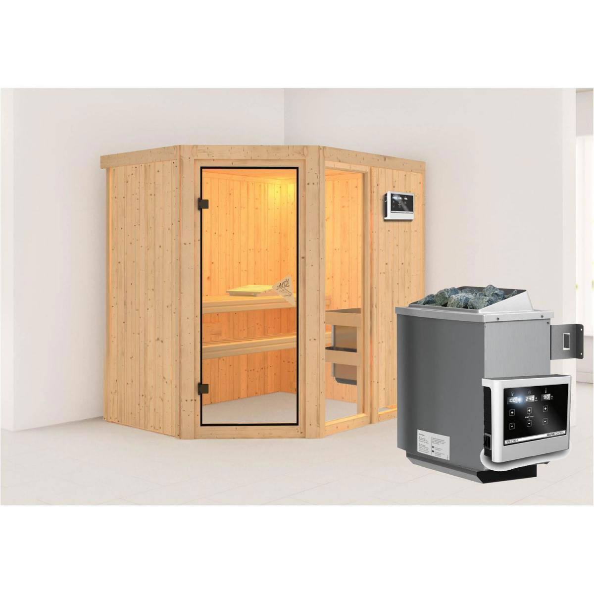 Karibu Systemsauna Fiona 1 68 mm 9 kW Ofen externe Strg modern ohne Dachkranz Bild 1