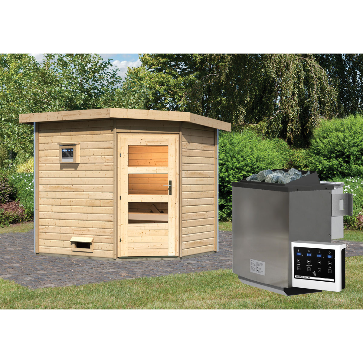 Karibu Saunahaus Mikka 38 mm 9 kW Bio Ofen externe Strg moderne Tür