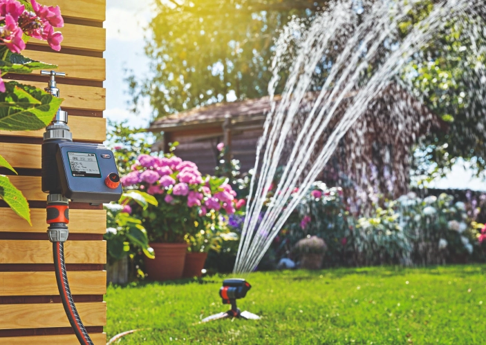 Rasensprenger wässert den Rasen in einem Garten