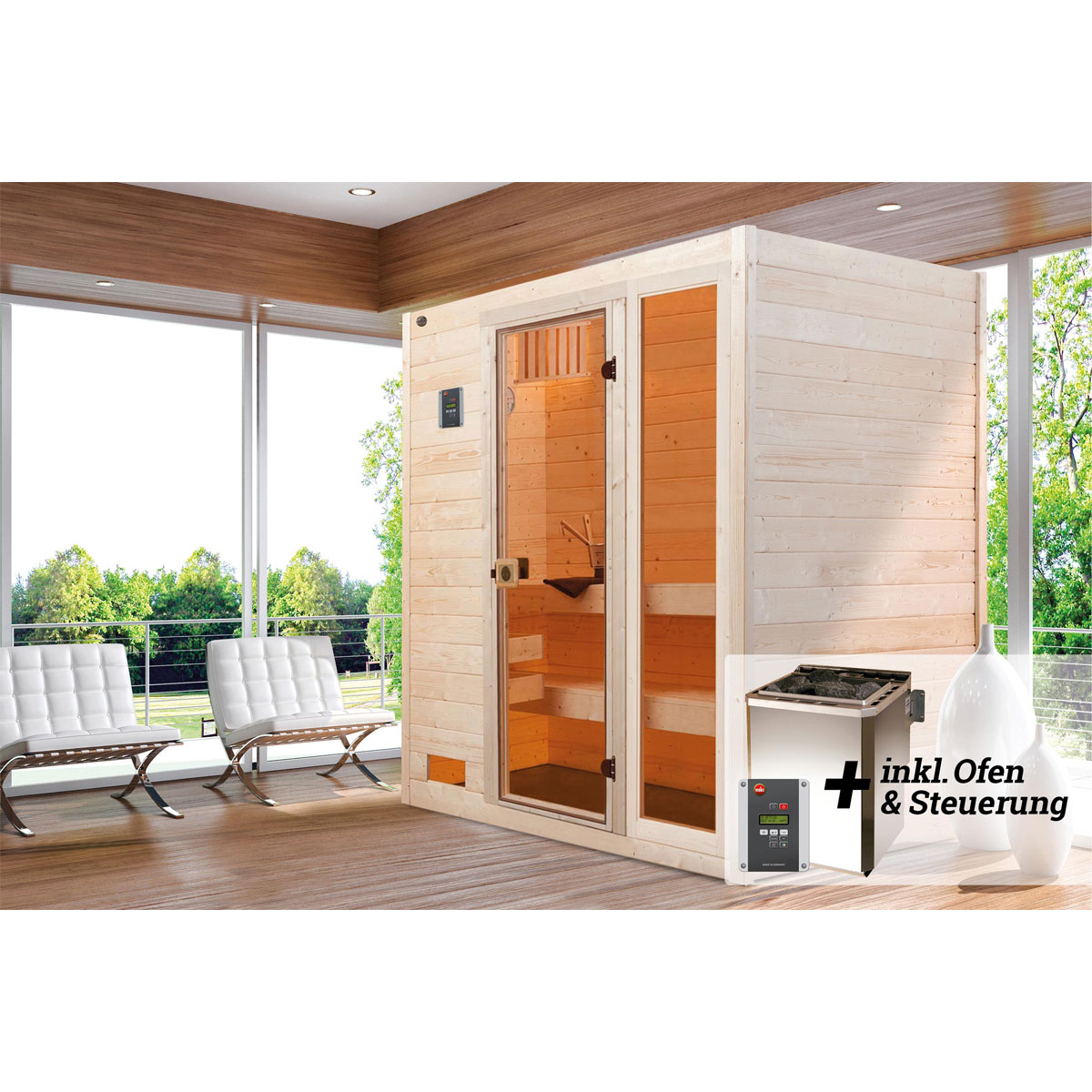 Weka  Massivholz-Sauna Valida Größe 2 Sparset 4,5 kW Bio S Glastuer Bild 2