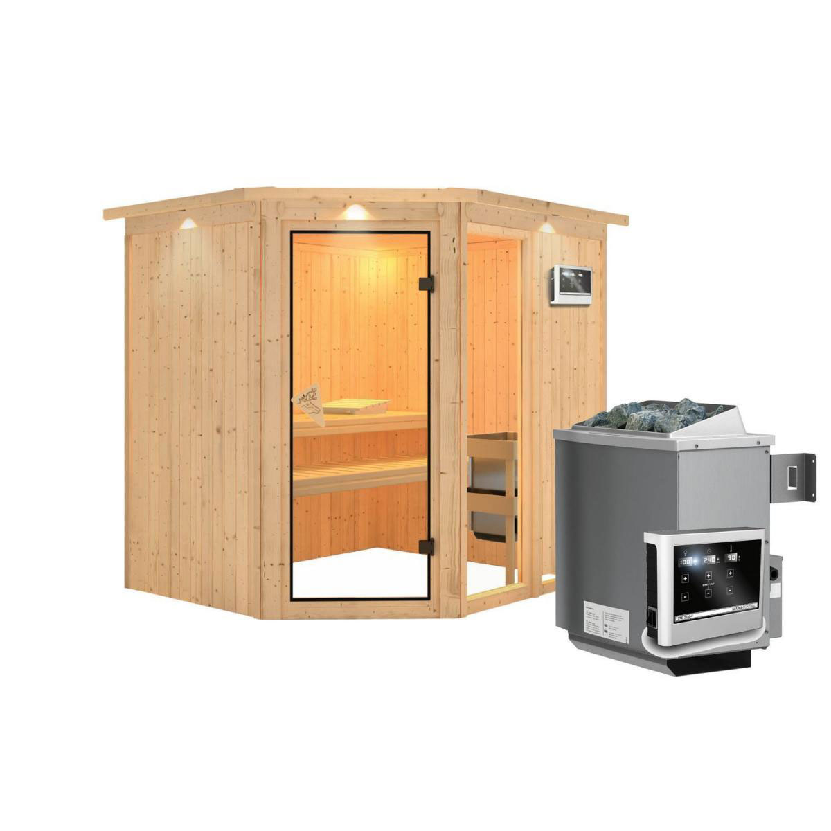 Karibu Systemsauna Fiona 2 68 mm 9 kW Ofen externe Strg modern mit Dachkranz Bild 2