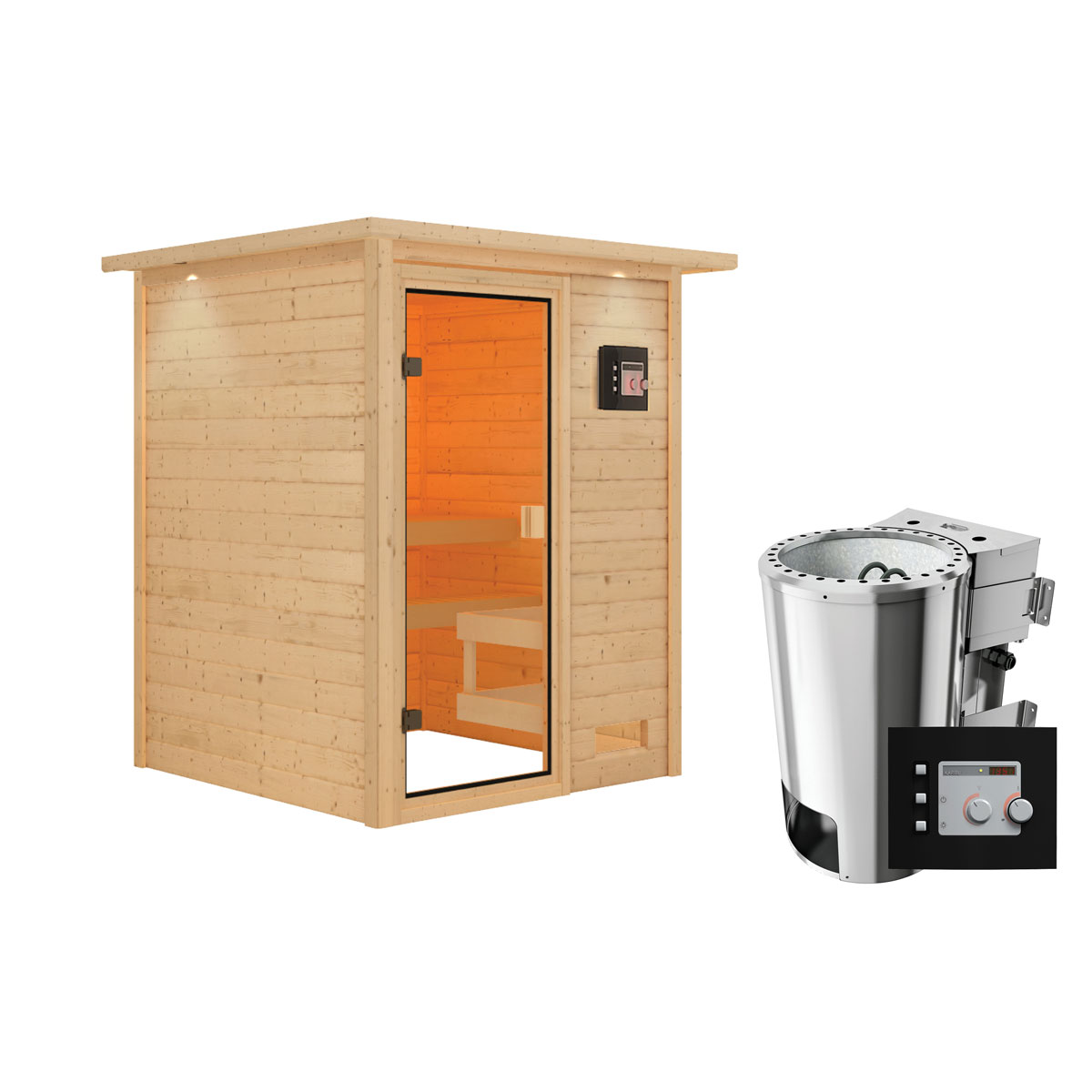 Karibu Sauna Sandra 3,6 kW mit Kranz naturbelassen Bio externe Steuerung Bild 3