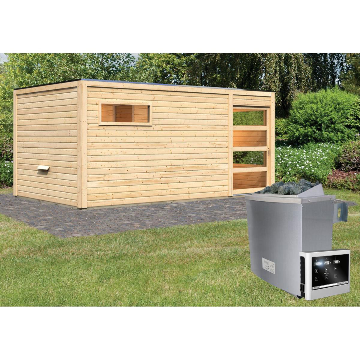 Karibu Saunahaus Hygge 38 mm 9 kW Ofen externe Strg Klarglas-Tür Bild 5