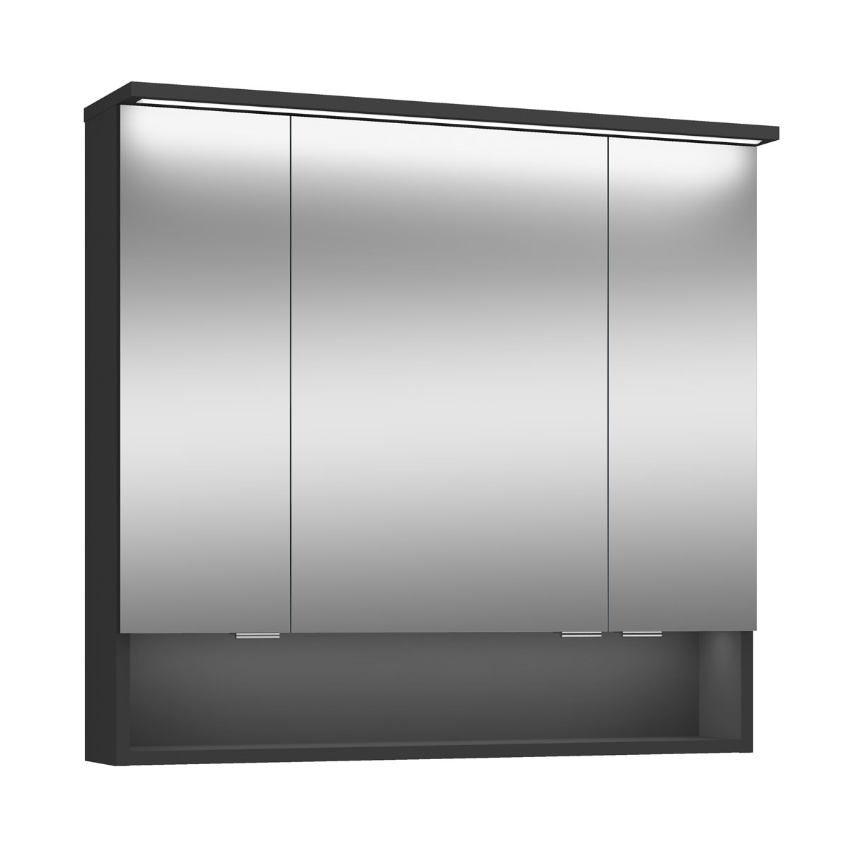 Spiegelschrank Amy, 80cm, schwarz matt, 3 Türen, 1 offenes Fach, LED-Kranz u. Unterbeleuchtung Bild 1