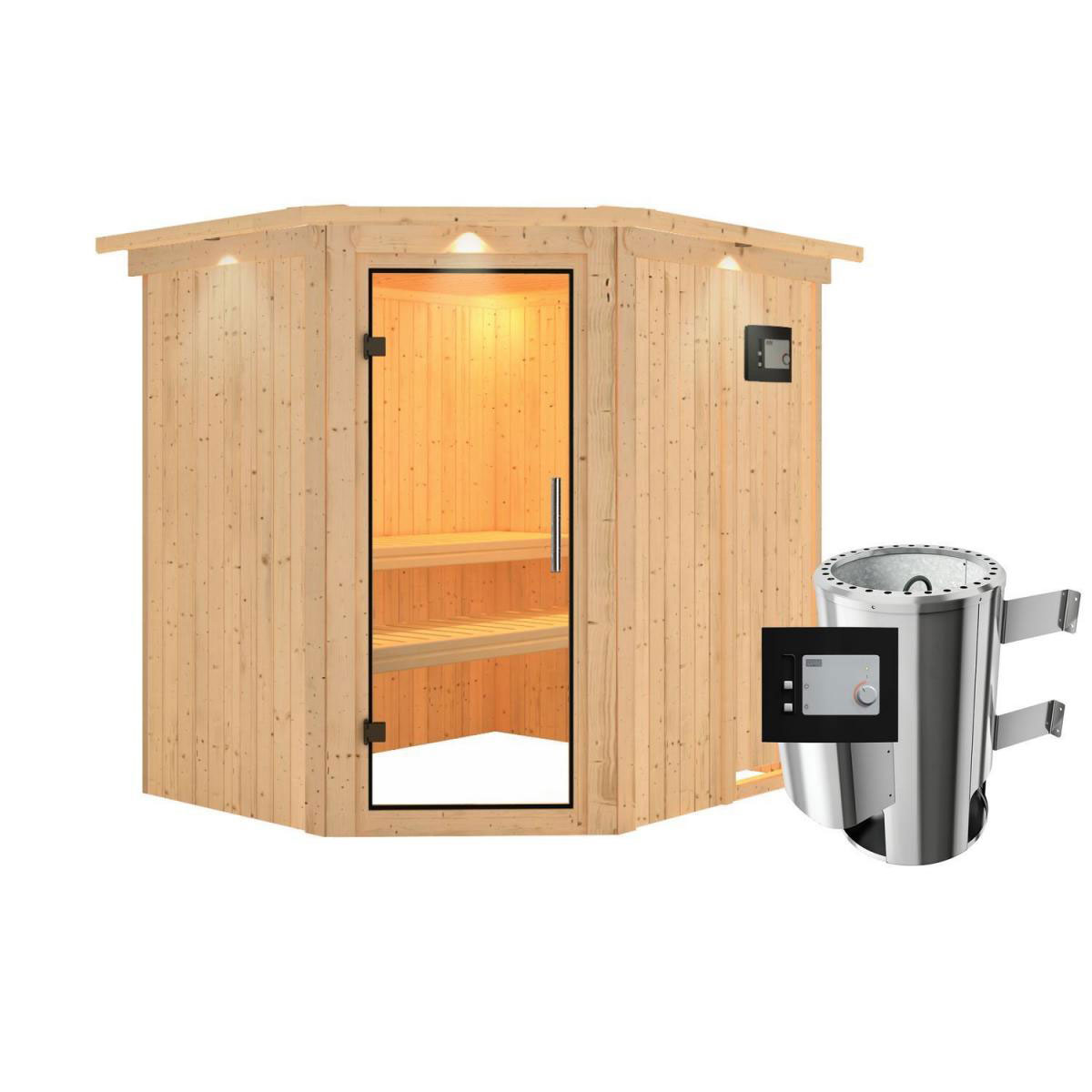 Karibu Sauna Lilja Eckeinstieg 3,6 kW Ofen externe Strg modern mit Kranz Klarglas-Tür Bild 1