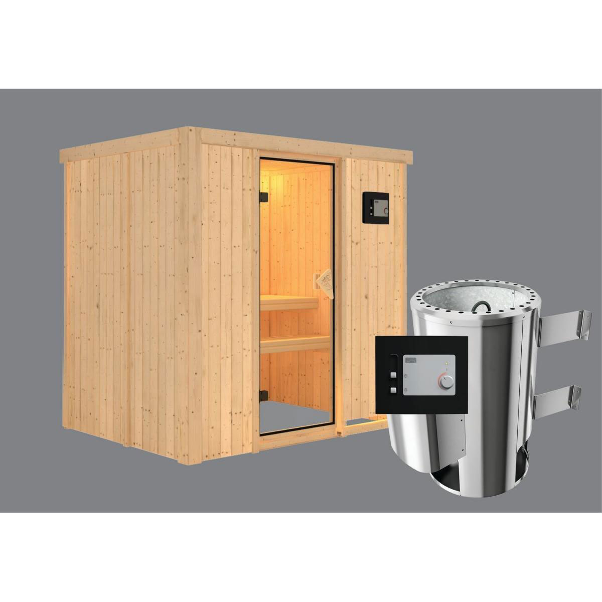 Karibu Systemsauna Fanja 68 mm 3,6 kW Ofen externe Strg modern ohne Dachkranz Bild 2