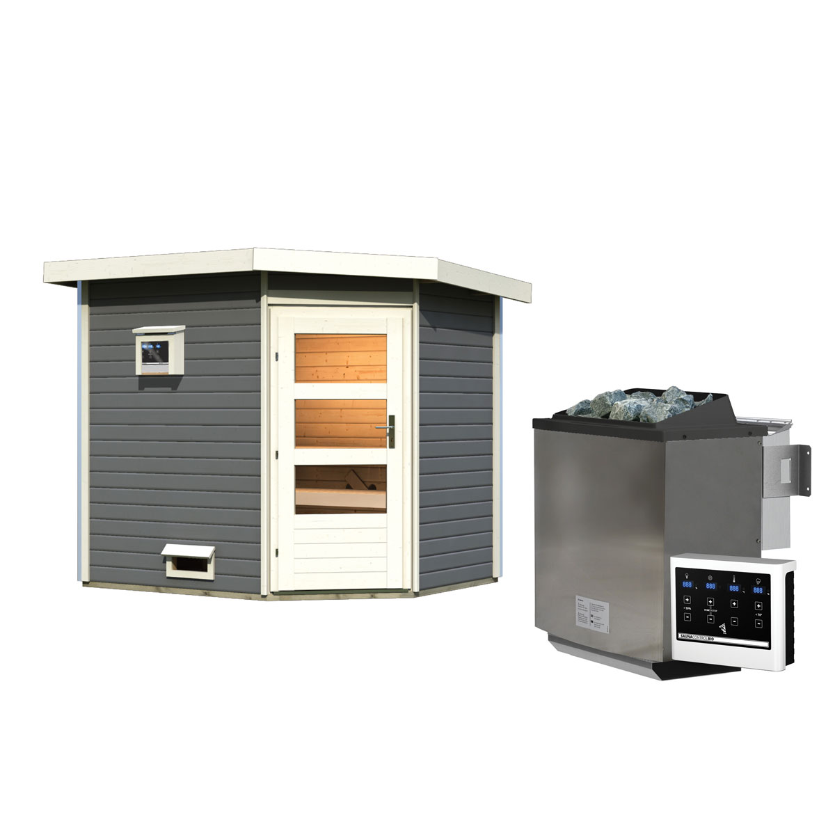 Karibu  Saunahaus- Set „Mikka“ terragrau mit Ofen 9 kW Bio ext. Steuerung