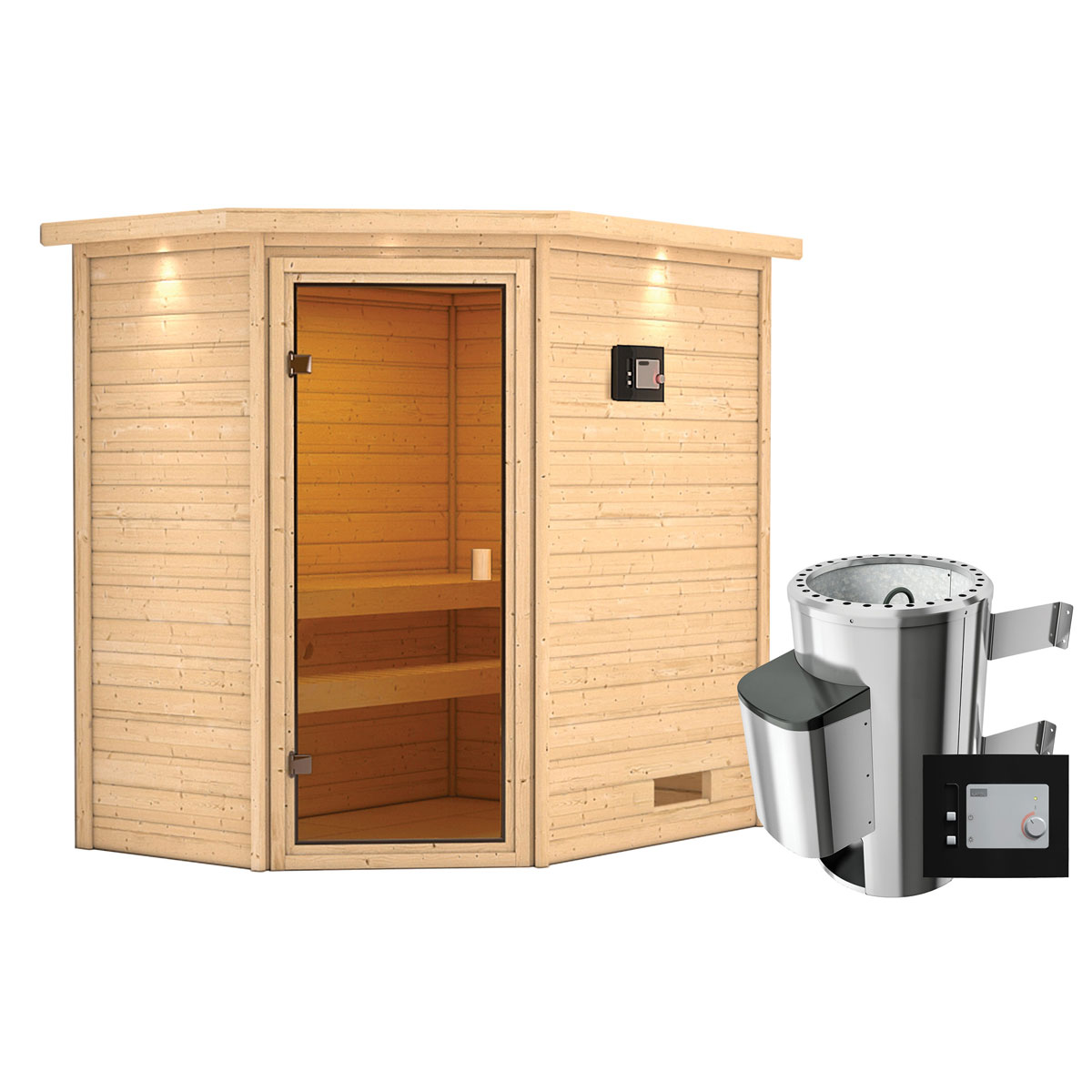 Karibu Sauna Jella 3,6 kW mit Kranz naturbelassen externe Steuerung Bild 3