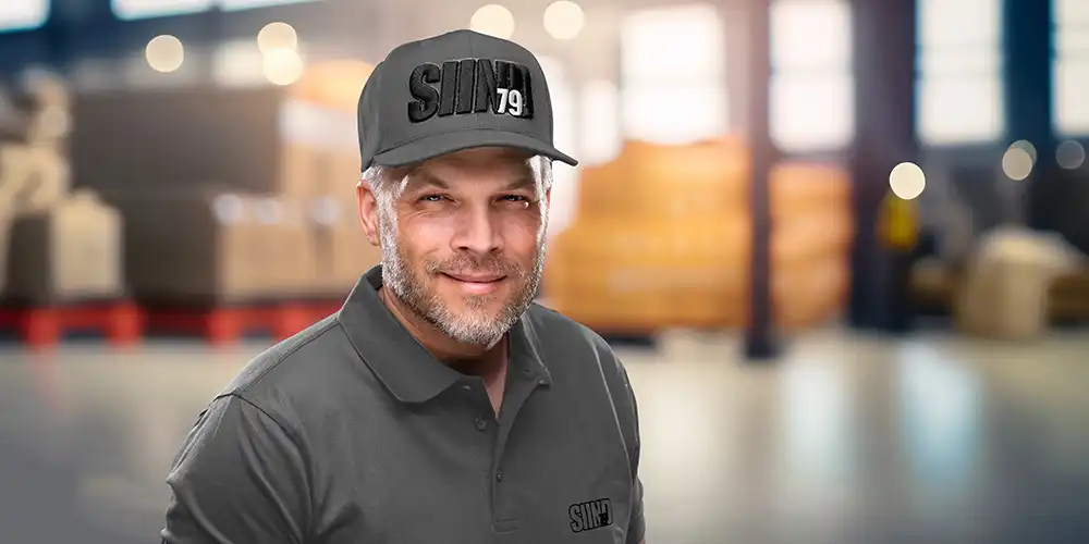 Ein Mann mit Schildmütze lächelt in einem Lagerhaus.