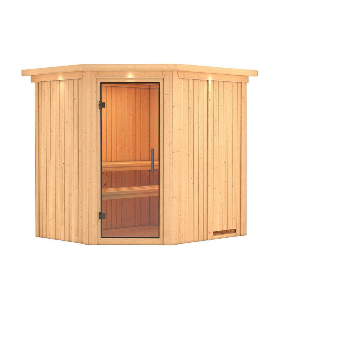 Karibu Sauna Lilja Eckeinstieg ohne Ofen mit Kranz Klarglas-Tür Bild 2