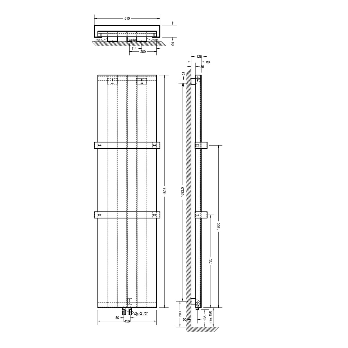 Schulte EP DHK New York inkl Handtuchhalter alpinweiss 1806 x 456 x 76 mm 805 Watt Bild 3