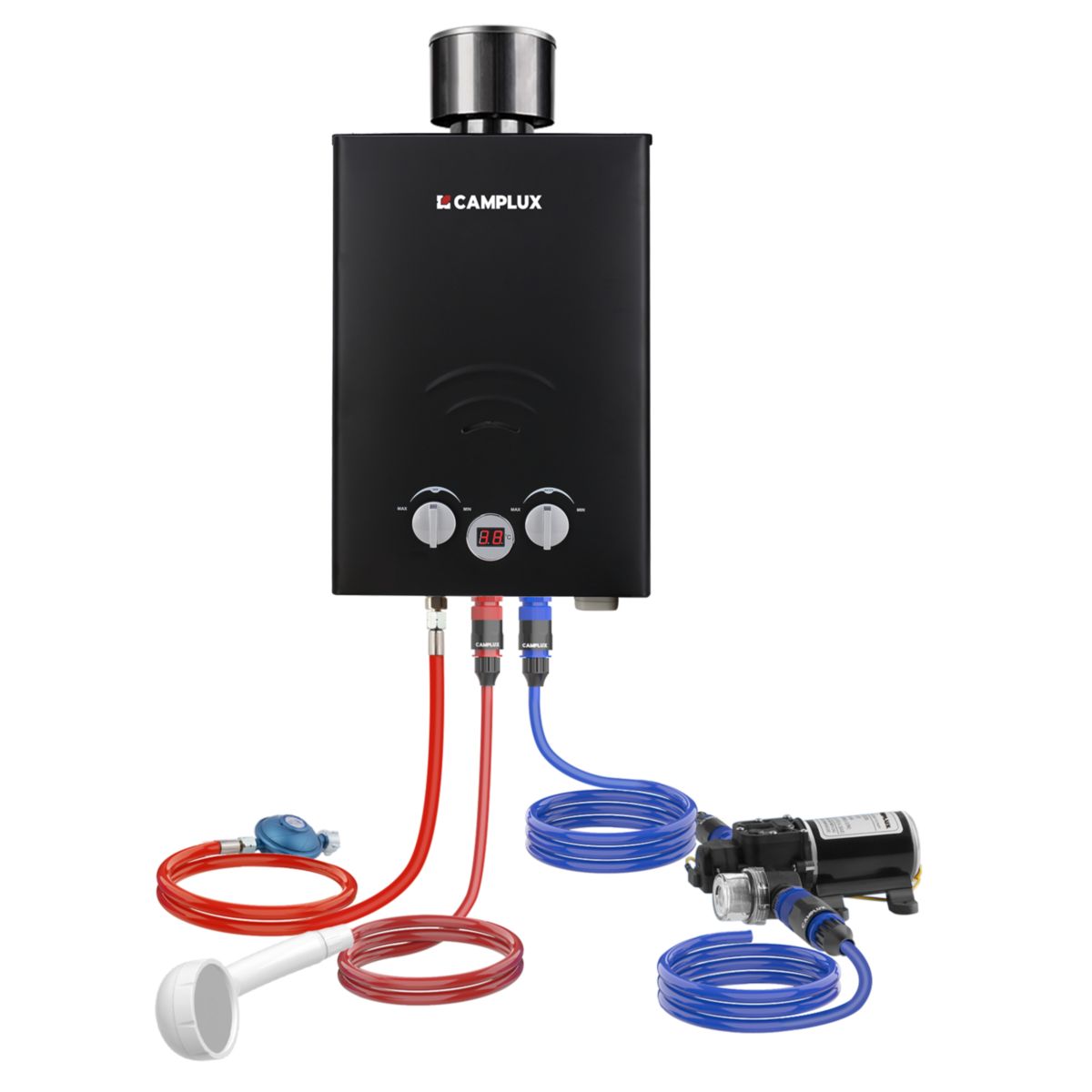 Camplux 6L Tankless Gasdurchlauferhitzer Schwarz mit Wasserpumpe 50mbar