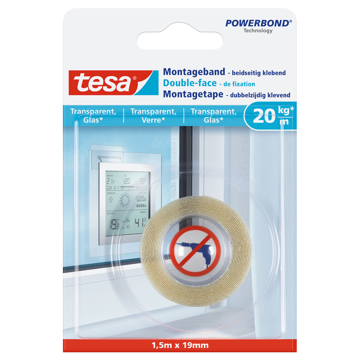 Tesa Montageband transparent Glas 1,5 m x 19 mm Traglast 20 kg Bild 1