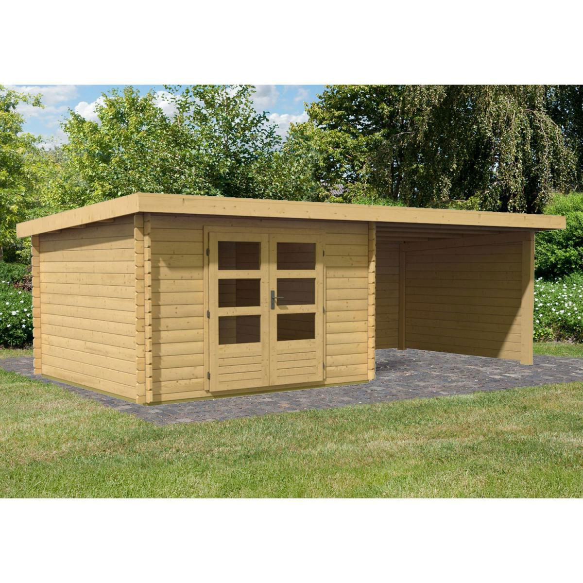 Karibu Gartenhaus Bastrup mit Schleppdach 300 cm und Seiten-/Rückwand naturbelassen 300 x 262 x 202 cm Bild 1