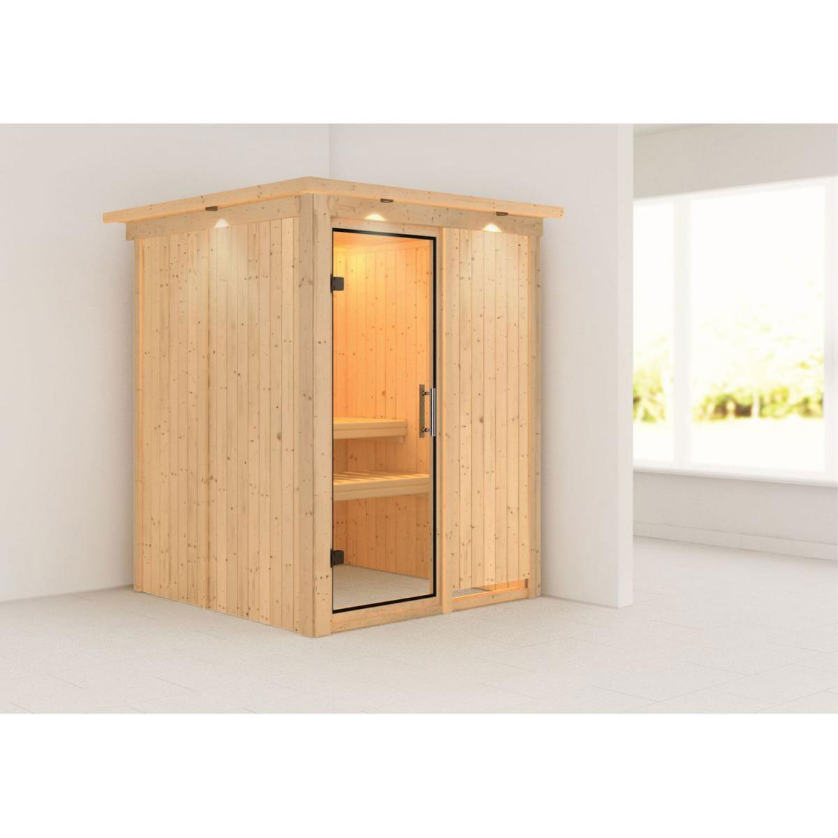 Karibu Sauna Minja Fronteinstieg ohne Ofen mit Kranz Klarglas-Tür Bild 6