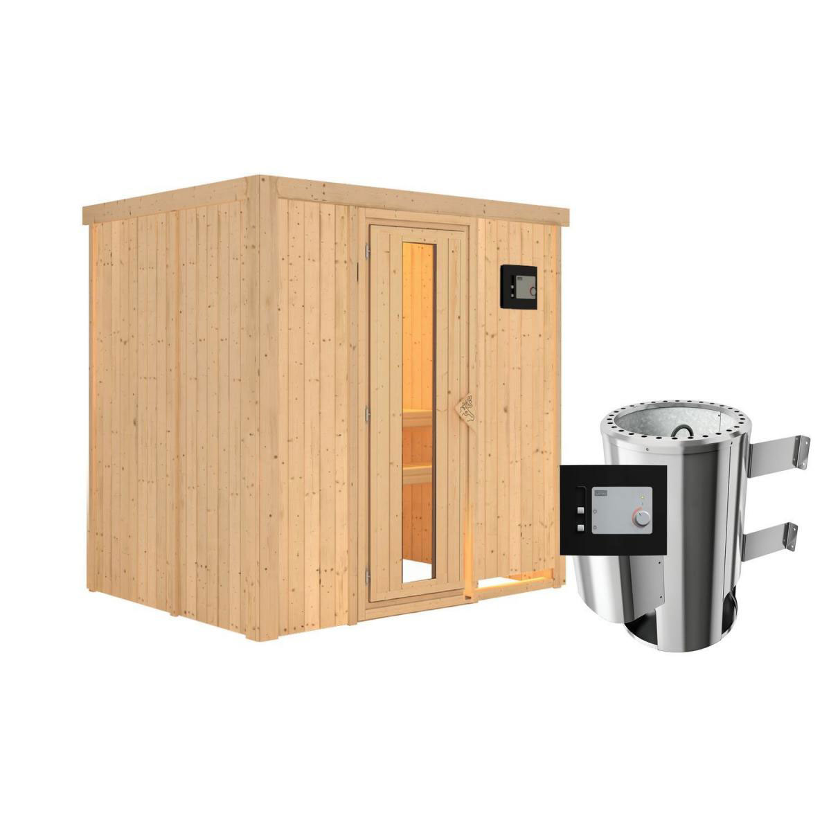 Karibu Sauna Fanja Fronteinstieg 3,6 kW Ofen externe Strg kein Kranz Klarglas-Tür Bild 1