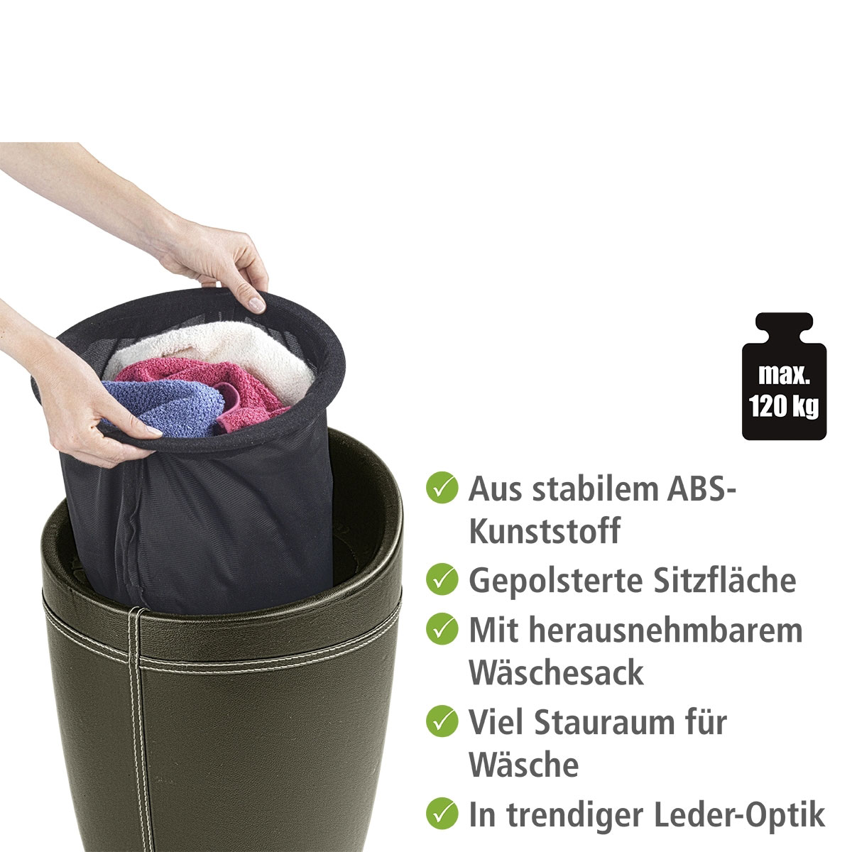 Wenko  Hocker Candy Braun in Lederoptik mit Wäschesack Badhocker mit abnehmbarem Wäschesammler Bild 2