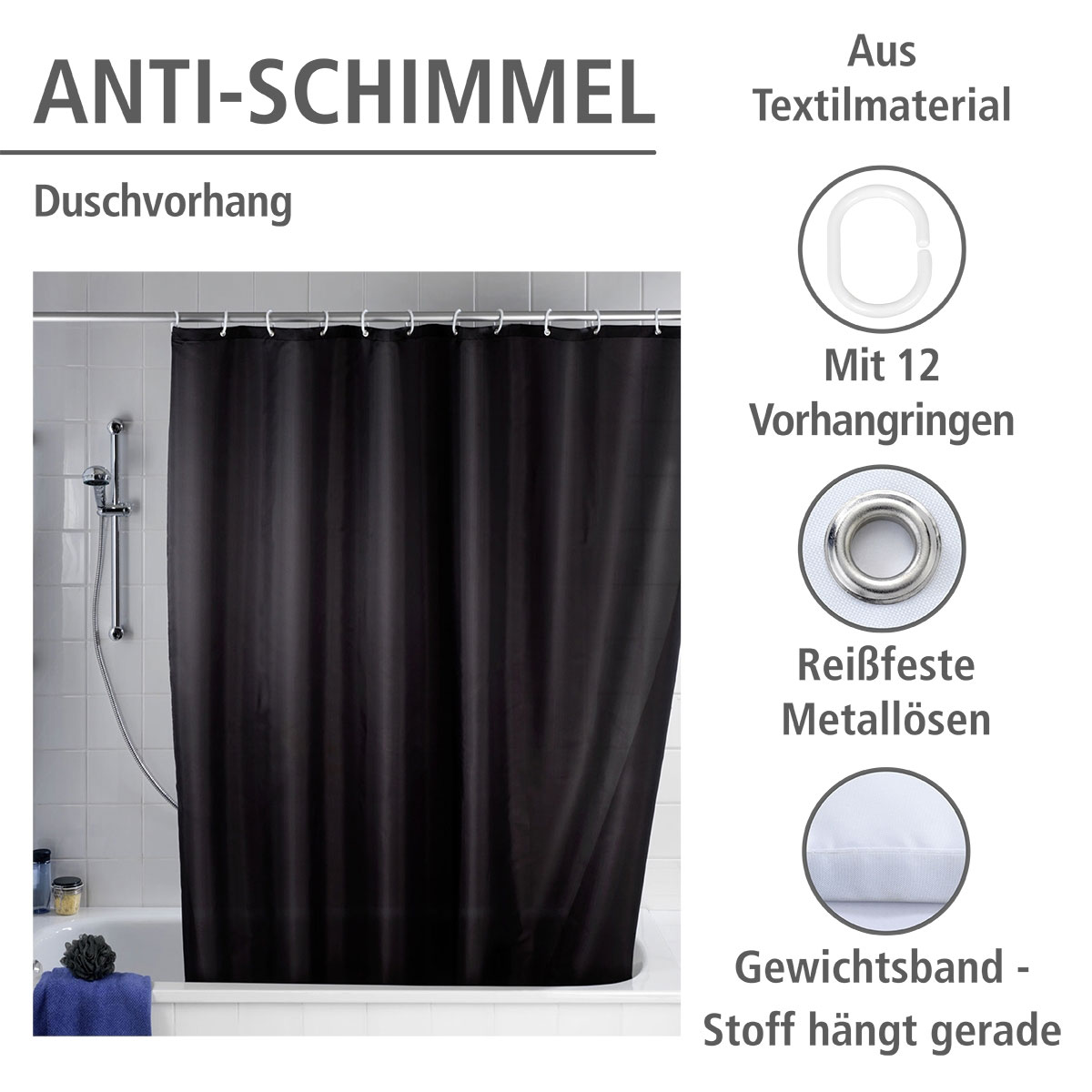 Wenko  Anti-Schimmel Duschvorhang Uni Black Textil Polyester 180 x 200 cm waschbar Bild 2