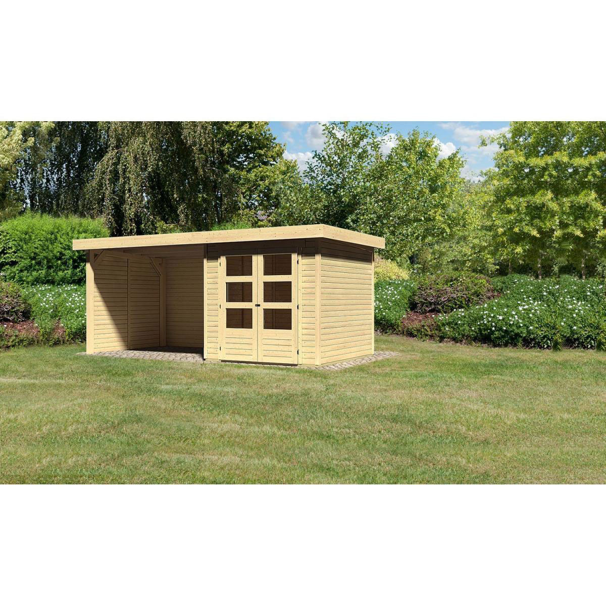 Karibu Gartenhaus Askola mit Anbaudach 265 cm und Seiten-/Rückwand naturbelassen 213 x 217 x 218 cm Bild 1