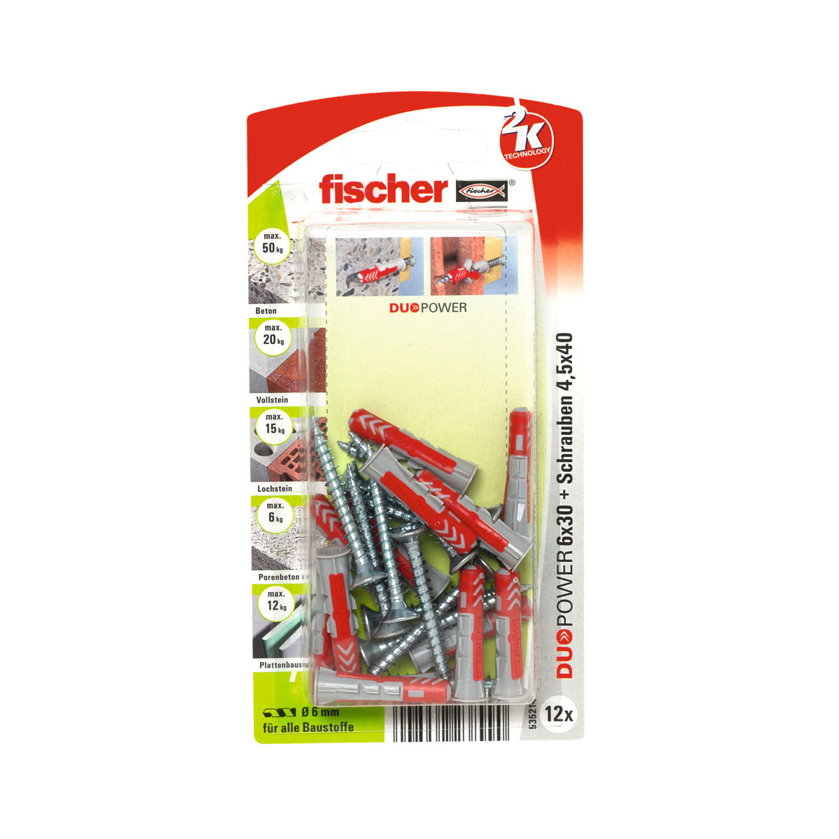 Fischer  Dübel DuoPower 6 x 30 mm mit Schraube 12 Stück Bild 1