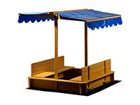 Ein Sandkasten mit blauer Markise.