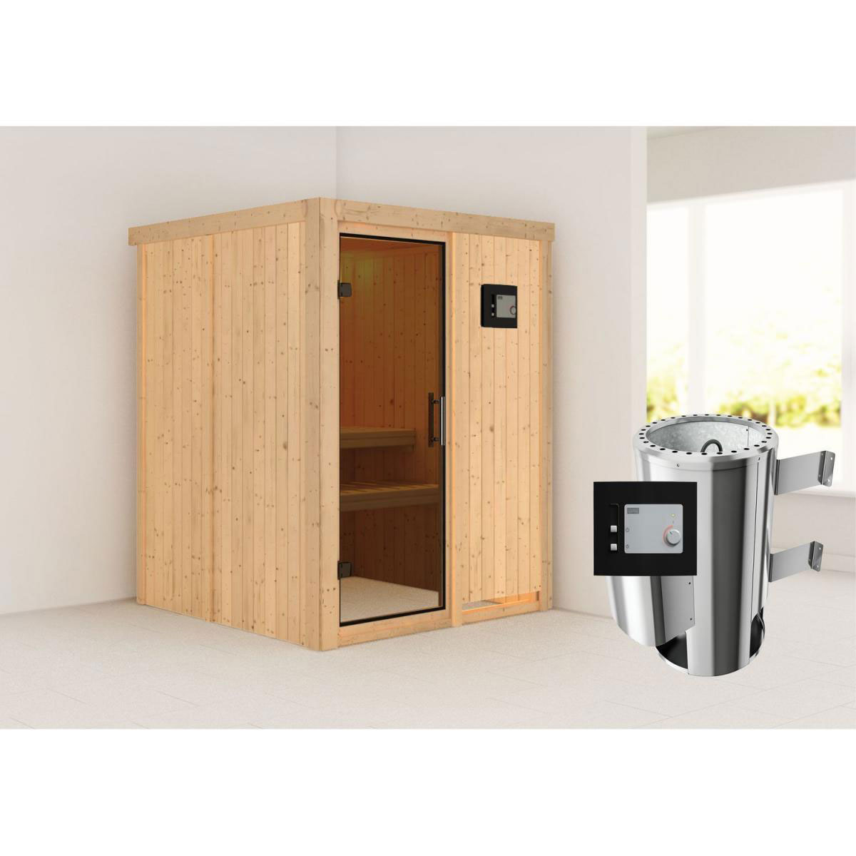 Karibu Sauna Minja Fronteinstieg 3,6 kW Ofen externe Strg modern kein Kranz Energiespartür Bild 6