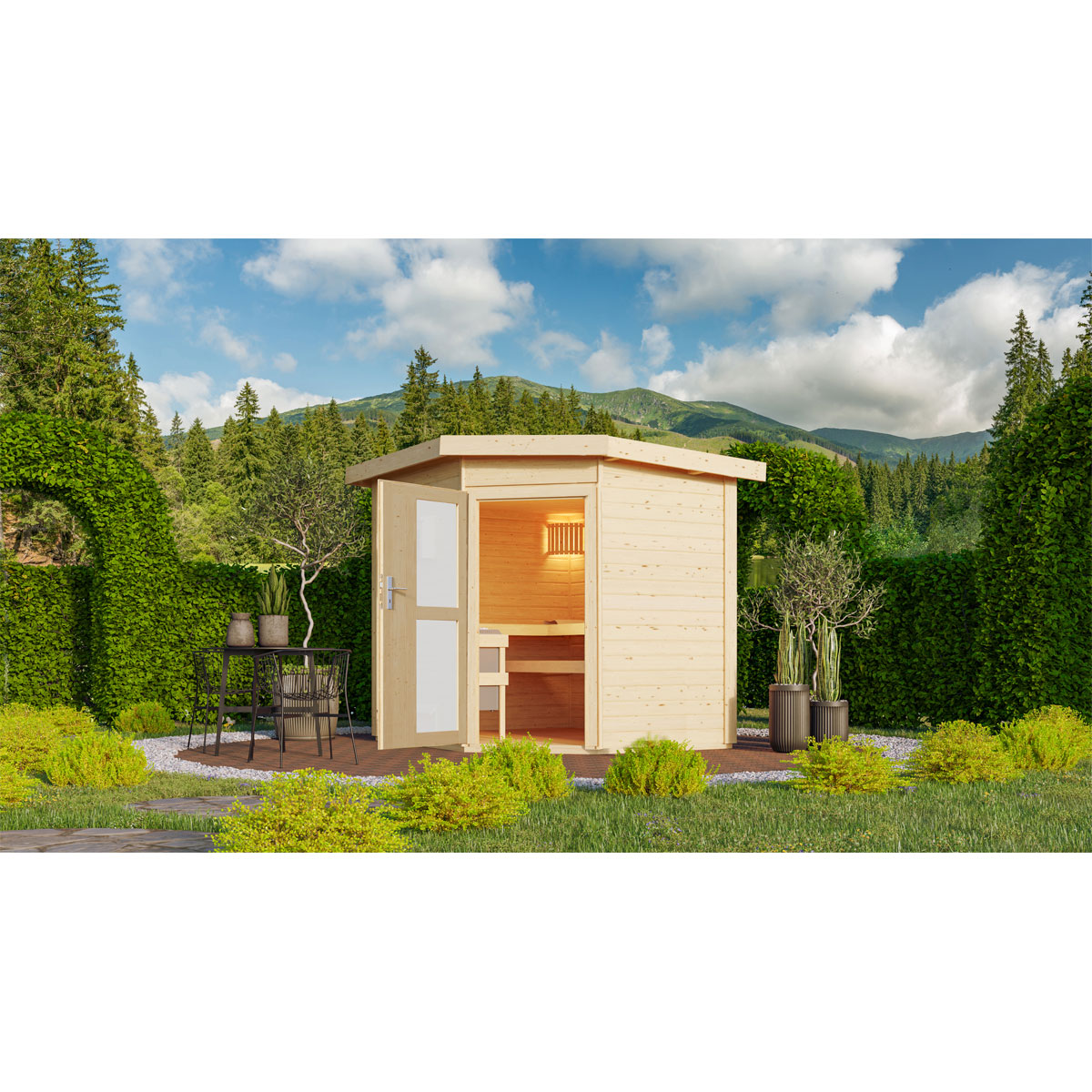Karibu Saunahaus Mikka 38 mm 9 kW Ofen externe Strg Milchglastür Bild 1