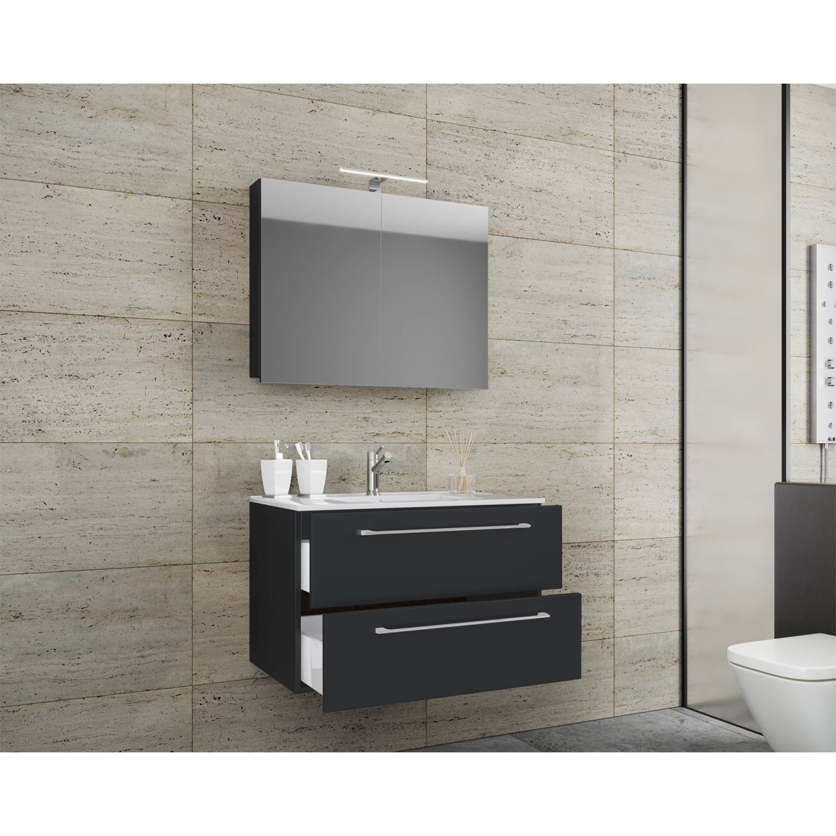 Waschplatz 60 cm 3-teilig 2 Schubfächer mit Spiegelschrank schwarz Bild 3