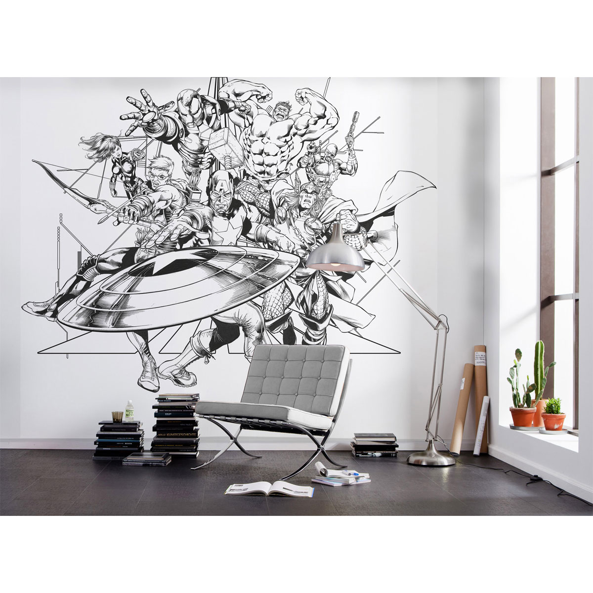 Komar  Vlies Fototapete Avengers Black and White 300x280 cm