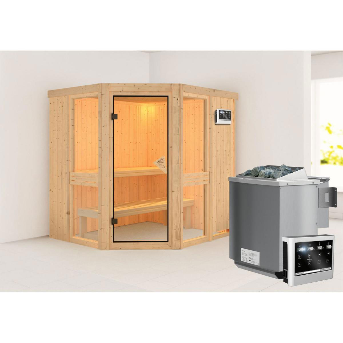 Karibu Amelia 1 Eckeinstieg 9 kW Ofen Bio externe Strg ohne Kranz Bild 1