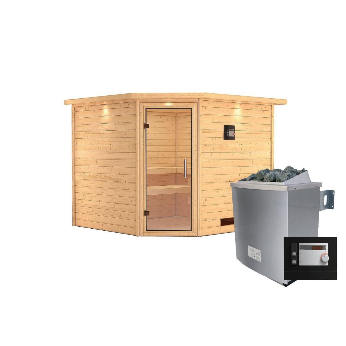 Karibu Sauna Leona Eckeinstieg 9 kW Ofen externe Strg modern mit Kranz Klarglas-Tür Bild 1