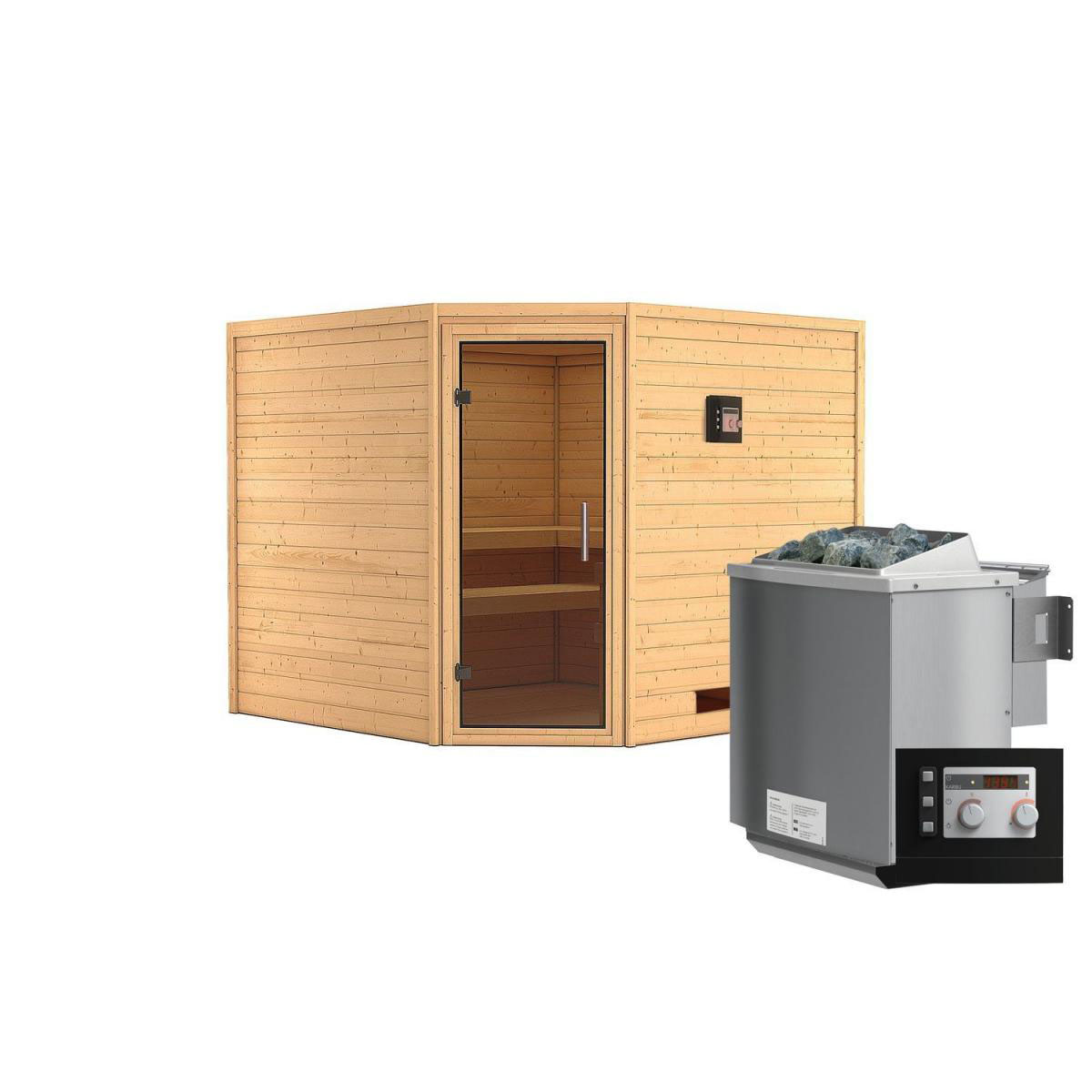 Karibu Sauna Leona Eckeinstieg 9 kW Bio Ofen externe Strg modern kein Kranz graphitfarbene Tür Bild 1