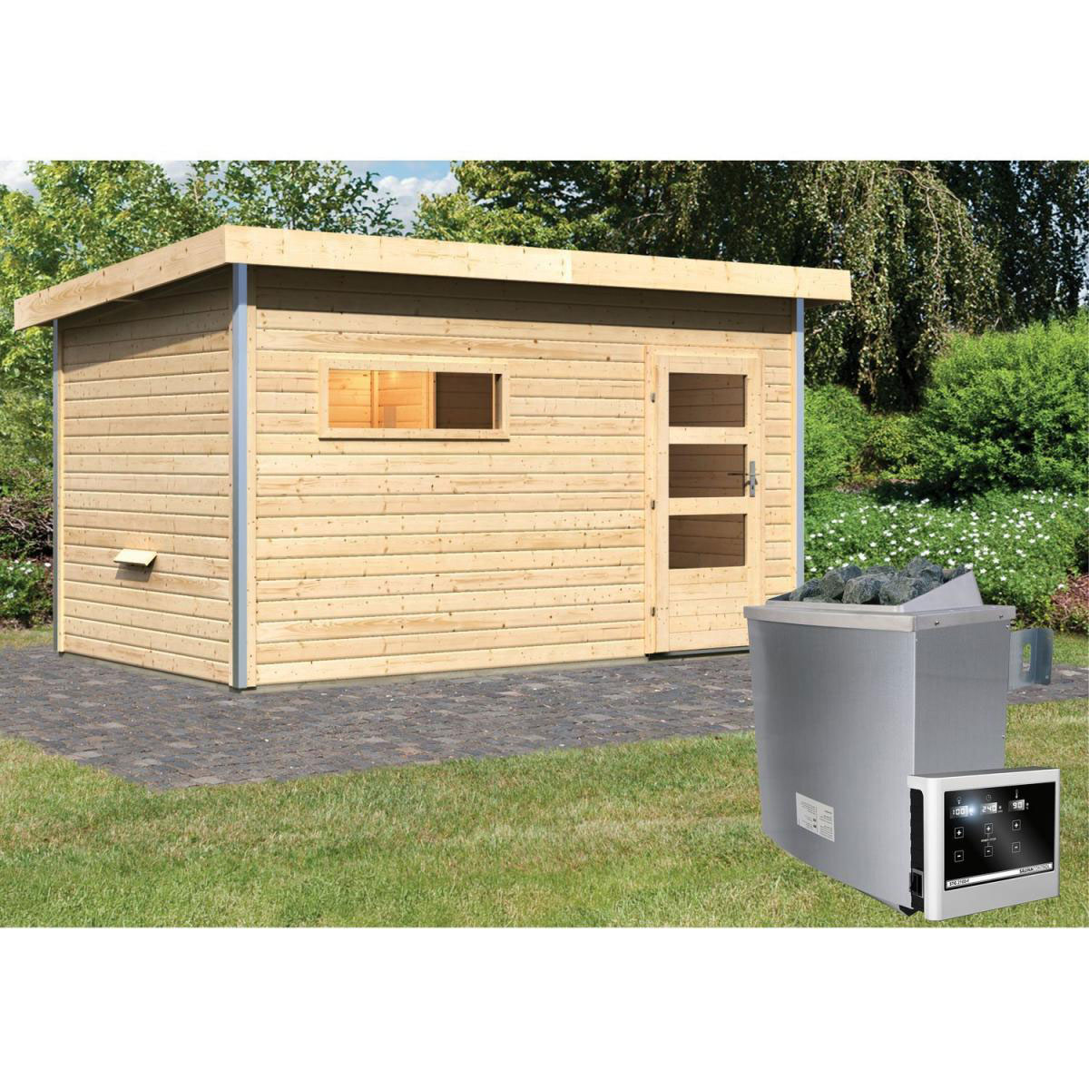 Karibu Saunahaus Skrollan 3 38 mm 9 kW Ofen externe Strg moderne Tür Bild 6