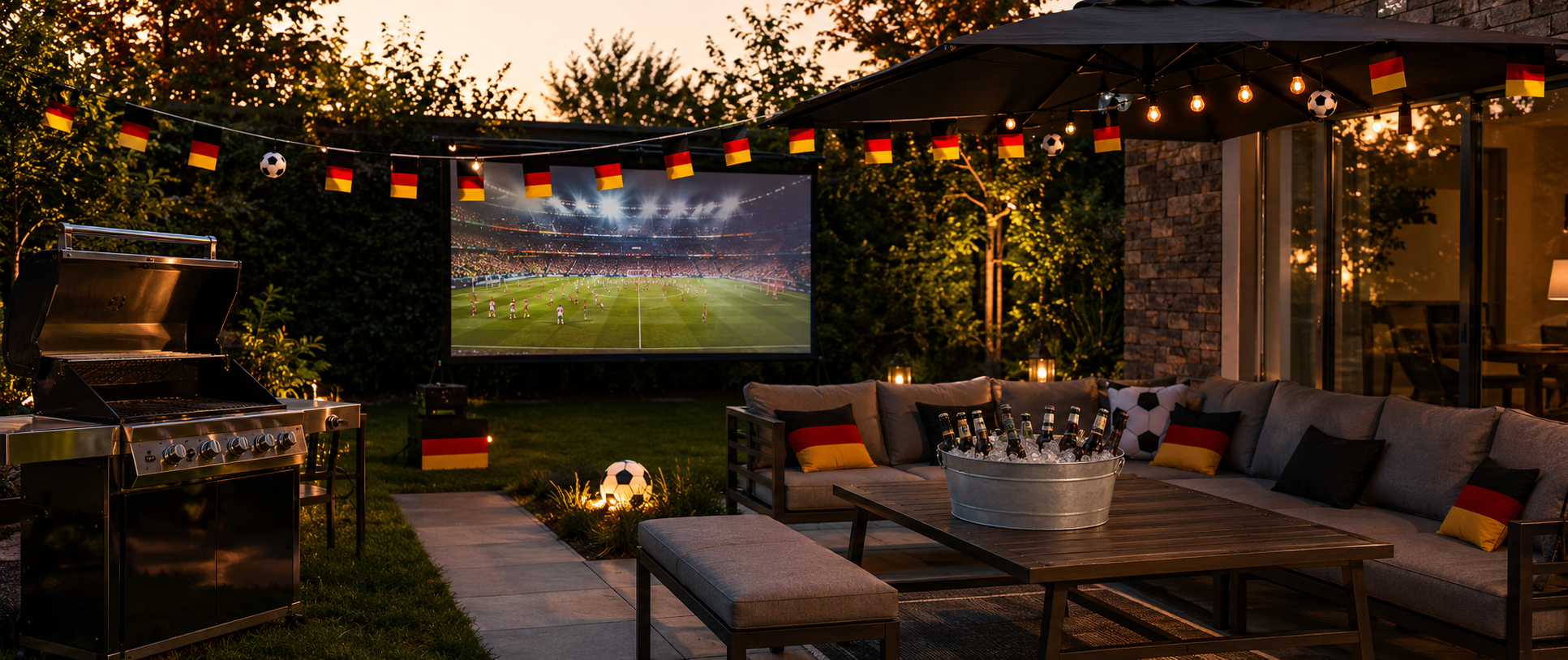 Gartenparty zur Fußball-WM mit Deko, Grill, Leinwand, Gartenlounge