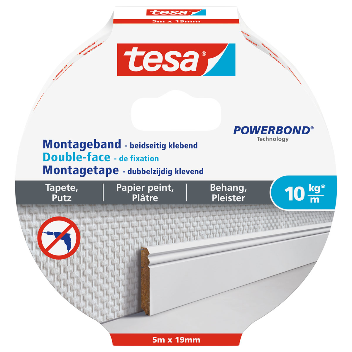 Tesa Montageband für Tapete und Putz 5 m x 19 mm Traglast 10 kg