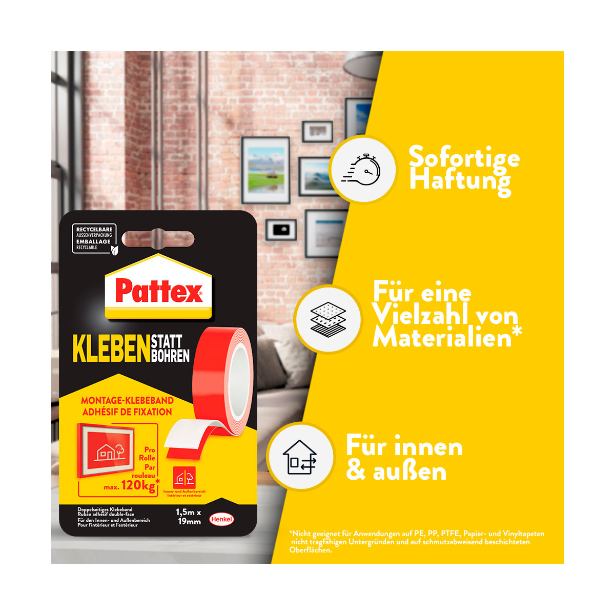 Pattex Klebeband Kleben statt Bohren 19 mm x 1,5 m Bild 6
