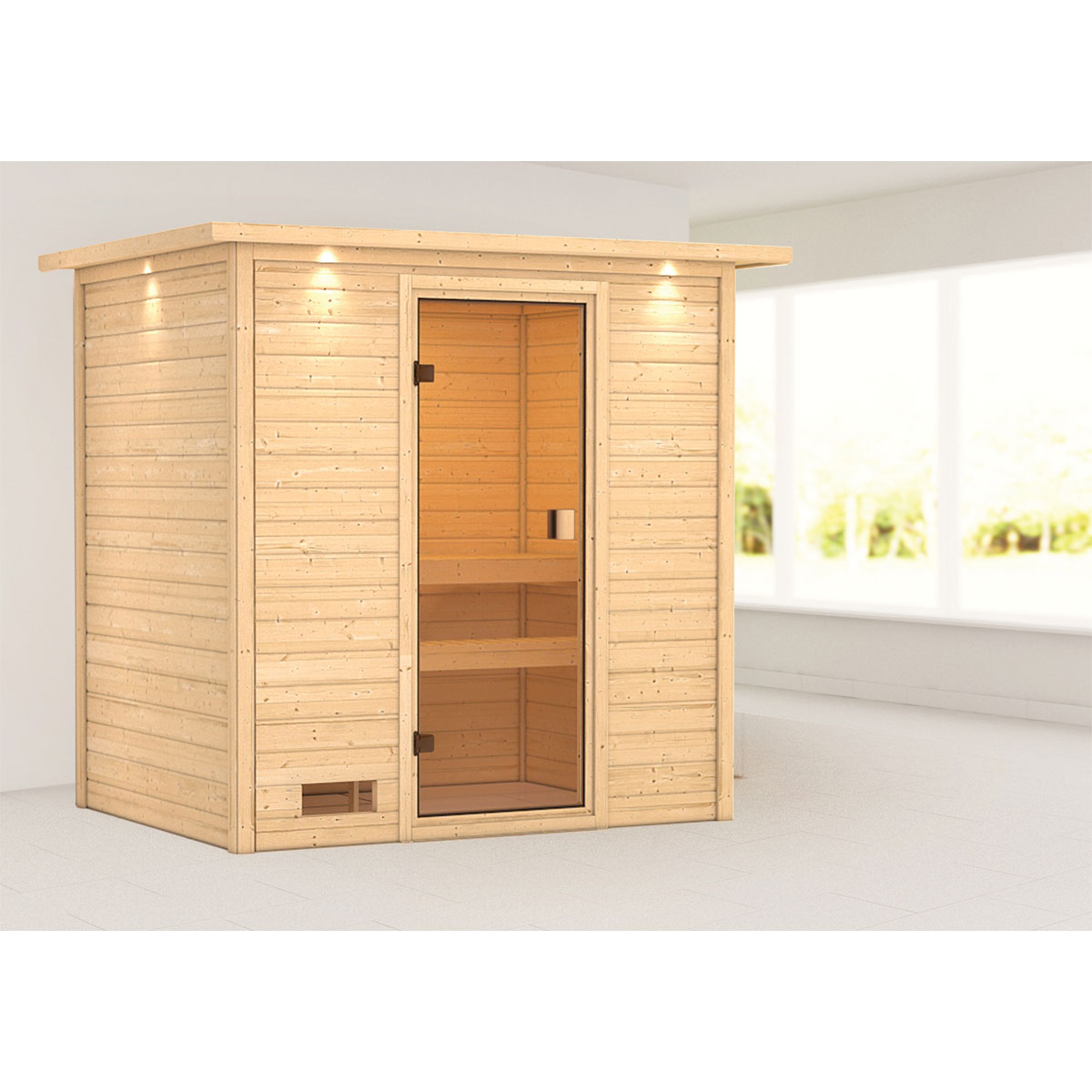 Karibu Sauna Selena 3,6 kW mit Kranz naturbelassen ohne Ofen Bild 1