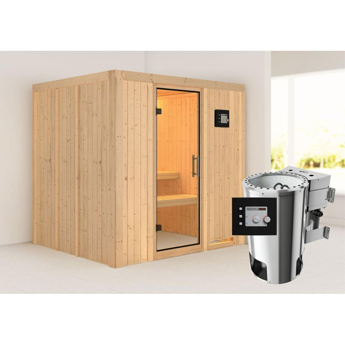 Karibu Sauna Daria Fronteinstieg 3,6 kW Bio Ofen kein Kranz Klarglas-Tür Bild 6