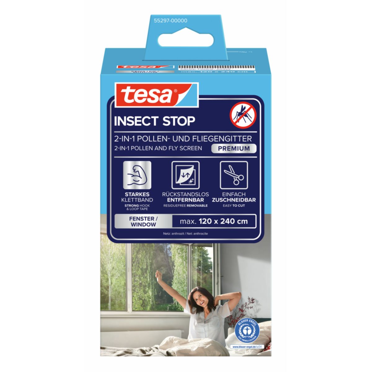 Tesa IS Pollen- & Insektengitter für bodentiefe Fenster, anthrazit, 1,2x2,4m Bild 1