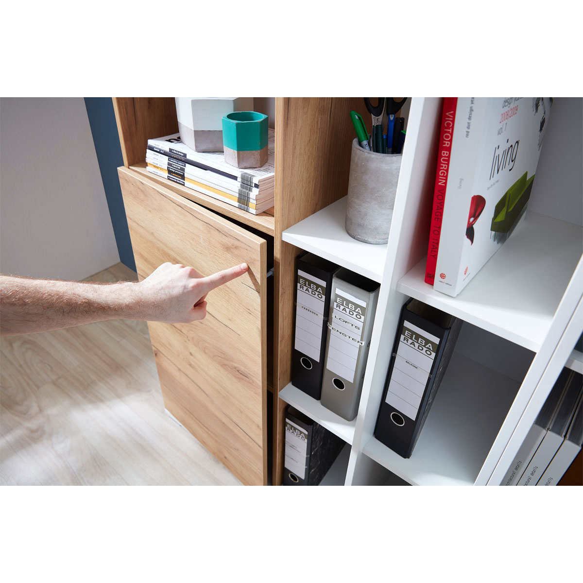 Aktenschrank Lionel mit offenen Fächern und Push-to-open Technik 85 x 120 x 40 cm weiß/Navarra-Eiche-Nachbildung Bild 4