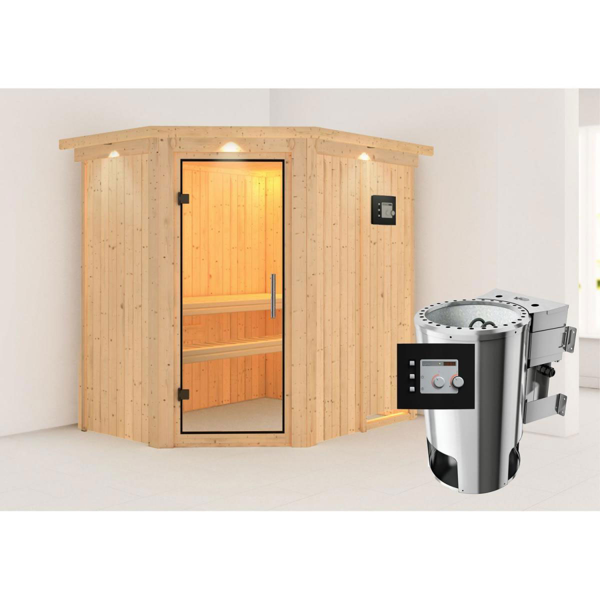 Karibu Sauna Saja Eckeinstieg 3,6 kW Bio Ofen externe Strg modern mit Kranz Klarglas-Tür Bild 8