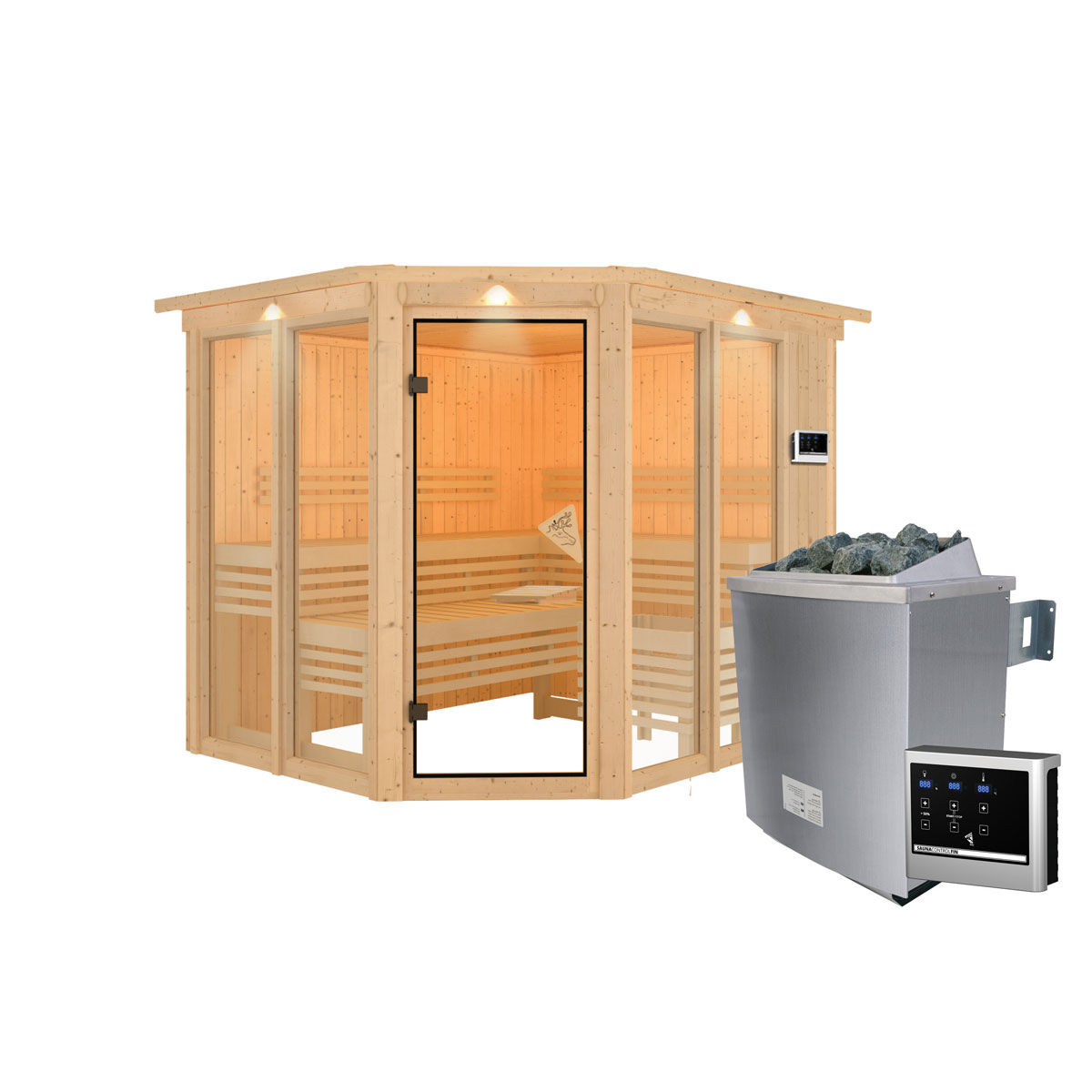 Karibu Sauna Ainur 3 mit Kranz naturbelassen externe Steuerung Bild 3