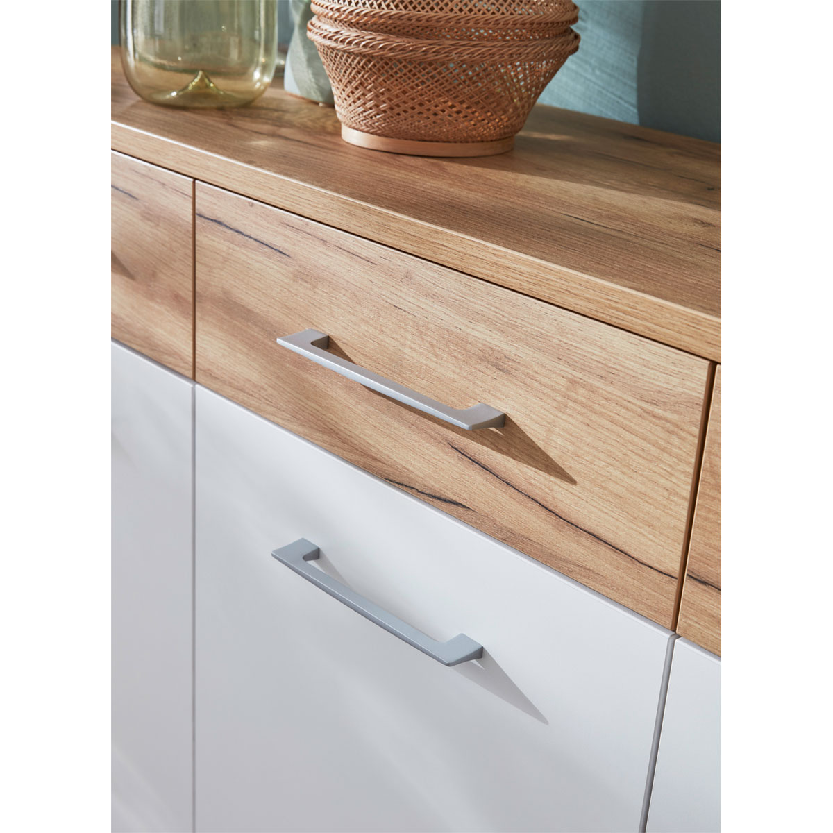 Sideboard Top mit 5 Schubkästen und 2 Türen 144 x 87 x 40 cm weiß/Navarra-Eiche-Nachbildung Bild 3